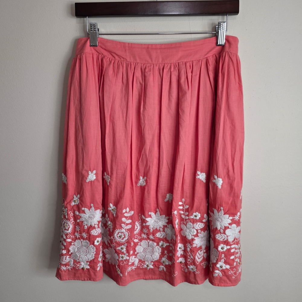 Floral Embroidered Knee Length Skirt Womens 12 Peach Cotton Boho Cottagecore‎